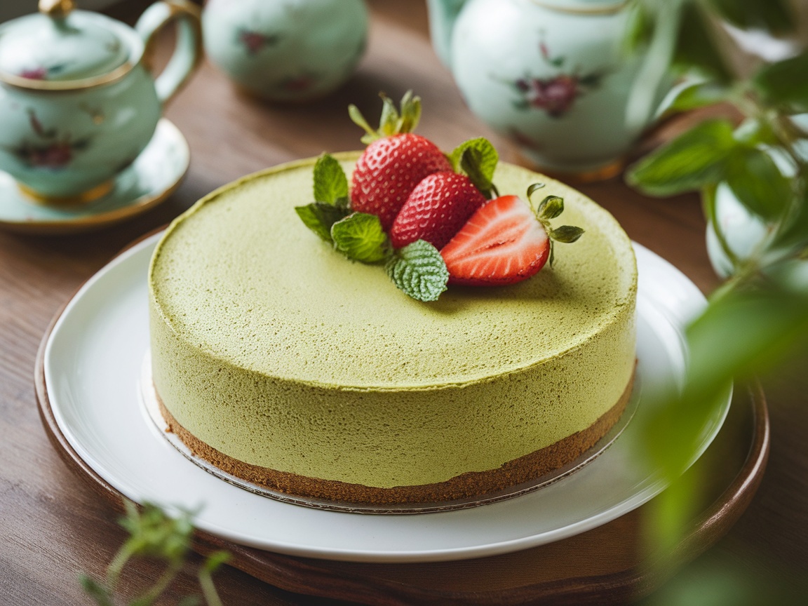 Matcha Green Tea Cheesecake with strawberries and mint garnished on a wooden table.